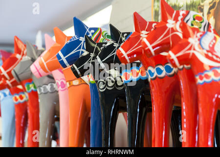 Mora, Sweden. 02/15/2017. The Dala Horse Factories of Nusnäs. Where Sweden’s most famous souvenir is being made. Ready made product on display in shop. Stock Photo