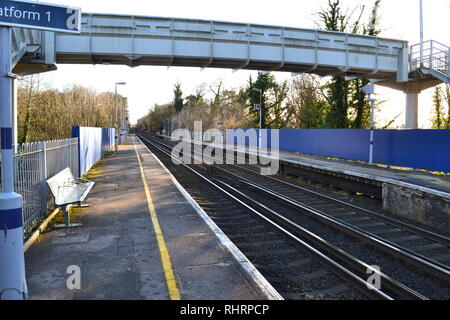 Shoreham village train station, Kent. Serves London Blackfriars and Sevenoaks. A popular station for walkers in the North Downs. Quiet, cold Sunday Stock Photo