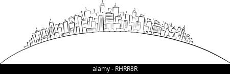 Rough Drawing of Modern Cityscape or City on Rounded Horizon Stock Vector