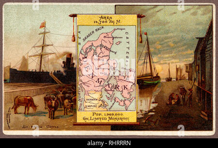 Antique advertising card, 1889, with map of Denmark  and scenery. Stock Photo