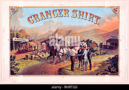 Print shows a railroad on the left labeled 'No Monopoly' unloading goods at a station labeled 'Cheap Transportation Line'; at center is a teamster standing near his horse-drawn wagon, he is talking with three men and pointing to the left, one of the men is pointing to the right toward a railroad station labeled 'Monopoly Opposed to Opposition.' On the ground, on the left, are boxes labeled 'C.S. & B. Shirt & Drawers 70 Worth St.' Stock Photo
