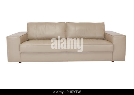 Three seats cozy beige leather sofa isolated on white background Stock Photo