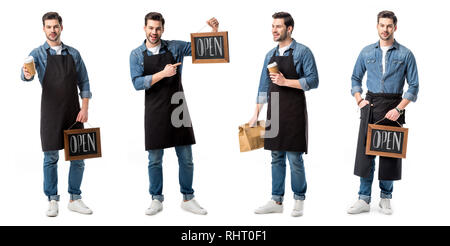 collage of handsome salesperson in apron holding sign, cup of coffee and paper bag isolated on white Stock Photo