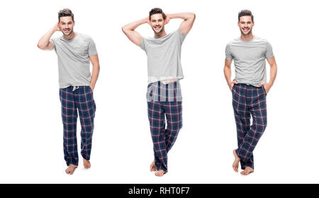 collage of handsome relaxing young man in pajama standing and smiling isolated on white Stock Photo