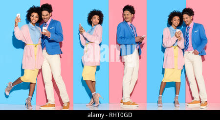 collage of young african american man and woman taking selfie and looking at smartphone on blue and pink background Stock Photo