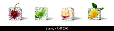 Fruits in ice cubes isolated in white background Stock Photo