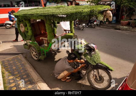 Cambodia, Phnom Penh, Street 350, ‘Amazon’ moto-remork, covered in astroturf outside Tuol Sleng genocide museum Stock Photo