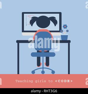 Girl coding behind the laptop. Children programming concept. Coding for kids. Design for coding school, class, camp. Vector illustration isolated on Stock Vector