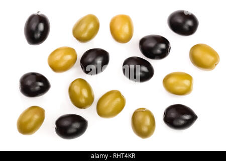 Green and black olives isolated on a white background. Top view. Flat lay Stock Photo