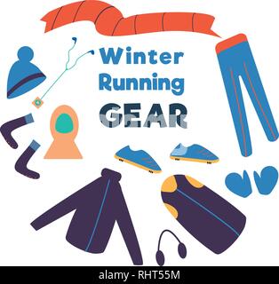 Winter running gear. Set of winter clothes and accessories for running. Vector hand drawn illustration. Stock Vector