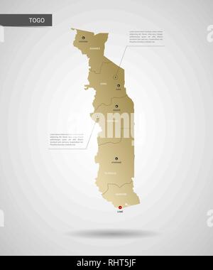 Stylized vector Togo map.  Infographic 3d gold map illustration with cities, borders, capital, administrative divisions and pointer marks, shadow; gra Stock Vector