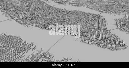 Satellite view of New York city, map, 3d buildings, 3d rendering. Streets and skyscraper of Manhattan Stock Photo