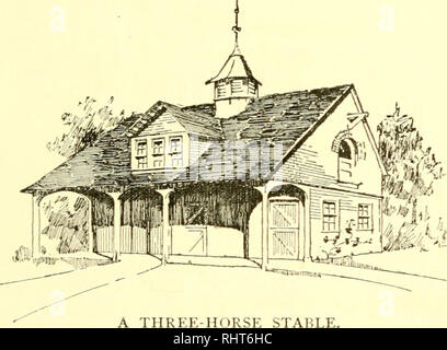 . Biggle horse book : a concise and practical treatise on the horse : adopted to the needs of farmers and others who have a kindly regard for this noble servitor of man. Horses. ABOUT STABLES. 125 Some may prefer a hinged door to the carriage room, but the rolling one has the advantage of never blowing about in a high wind and is easily opened and shut under all circum- stances, including a big snowdrift right up against it. The plan has been drawn to the scale of sixteen feet to the inch. The second plan and elevation show a stable larger than the preceding, and is one designed by a member of Stock Photo