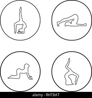 Vector set of yoga poses in a linear style. Women practicing yoga. Yoga postures and Assan. Stock Vector