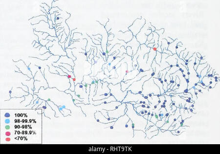 . The Big Blackfoot River restoration progress report for 2002 and 2003 . Fish populations; Fishes; Fishery management; Trout fisheries; Stream ecology; Blackfoot River (Mont. ). and Yellowstone cutthroat trout, overharvest and competition with introduced brook trout and brown trout (Likncs 1984; Allendorf and Leary 1988; Liknes and Graham 1988; Mclntyre and Rieman 1995; Shepard et al. 2003). In the Blackfoot Watershed, WSCT occupy -93% of historical range, compared with -39% of occupied historical range statewide. The Blackfoot River also supports one of the larger fluvial meta-populations of