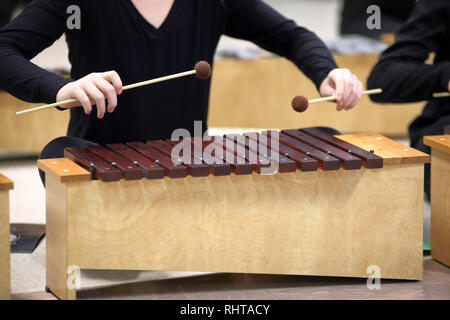 Student playing Diatonic Xylophone used by students in school to learn about music and the art. Stock Photo