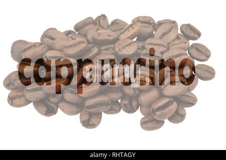 Cappuccino image with coffee beans and transparent highlighted text Cappuccino Stock Photo