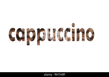 Close up picture with coffee beans and cut out word Cappuccino Stock Photo