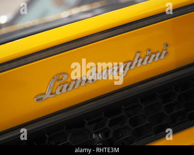 BUCHAREST, ROMANIA - FEBRUARY 03, 2019. Yellow Lamborghini Aventador S in showroom. Fast italian sports car Stock Photo