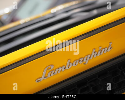 BUCHAREST, ROMANIA - FEBRUARY 03, 2019. Yellow Lamborghini Aventador S in showroom. Fast italian sports car Stock Photo