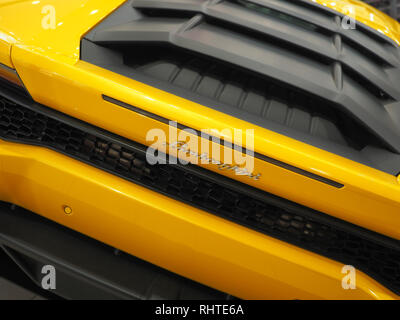 BUCHAREST, ROMANIA - FEBRUARY 03, 2019. Yellow Lamborghini Aventador S in showroom. Fast italian sports car Stock Photo