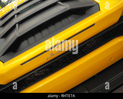 BUCHAREST, ROMANIA - FEBRUARY 03, 2019. Yellow Lamborghini Aventador S in showroom. Fast italian sports car Stock Photo