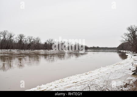 Ice chunks floating down the Wabash River in Terre Haute, Indiana during the polar vortex. January 2019 Stock Photo