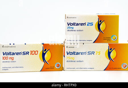 CHONBURI, THAILAND-AUGUST 3, 2018 : Voltaren 25 mg, 75 mg, 100 mg. Diclofenac sodium product of Novartis. Manufactured by Novartis,Turkey for Novatis  Stock Photo