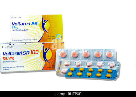 CHONBURI, THAILAND-AUGUST 3, 2018 : Voltaren 25 mg and 100 mg. Diclofenac sodium product of Novartis. Manufactured by Novartis, Turkey for Novatis Pha Stock Photo