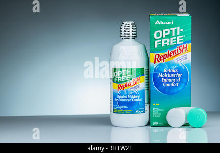 CHONBURI, THAILAND-OCTOBER 14, 2018 : OPTI-FREE Replenish on gray background. Multi-purpose disinfecting solution for silicone hydrogel and soft conta Stock Photo