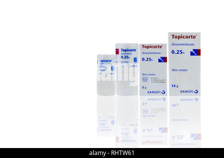 CHONBURI, THAILAND-OCTOBER 27, 2018 : Topicorte 0.25% in packaging isolated on white background. Desoximetasone skin cream for external use. High pote Stock Photo