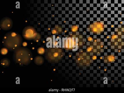 Orange luminous bokeh lights particles on checkered transparent background. Vector glowing design Stock Vector