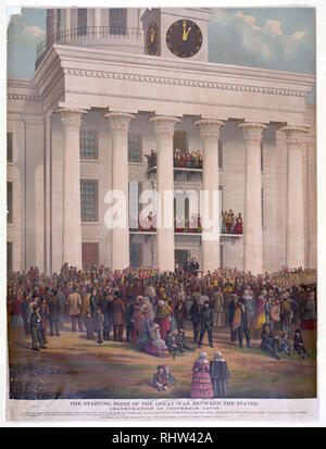Print shows a crowd gathered in front of the capitol building at Montgomery, Alabama, at the time of the announcement of Jefferson Davis as the first President of the Confederate States of America; also shown with Davis are 'Alex. H. Stephens, Vice-President, Wm. L. Yancey, Leader of the Secession Party, [and] Howell Cobb, President of the Senate.' Stock Photo