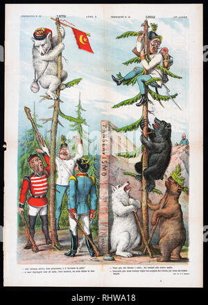 Italian political cartoon shows a wall at center labeled 'Panslavismo' that separates a scene on the left, showing events from 1878, from a scene on the right, showing events from 1882. On the left, a white bear labeled 'Russia' is perched near the top of a tree labeled 'Santo Stefano' to which, at top, is tied a Turkish flag labeled 'Costantinopoli'; the bear has a bag of 'Rublis' hanging at its side. At the base of the tree three men are yelling and gesturing toward the bear, the man on the left is labeled 'Inghilter' (England), the man at center is labeled 'Austria', and the man on the righ Stock Photo