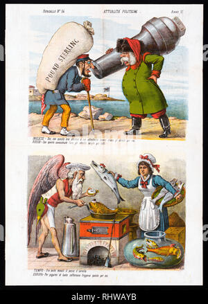 Italian political cartoon shows two scenes, at top is an Englishman carrying a large, heavy sack labeled 'Pound Sterling' on his back and leaning on a cane for support, there is a booklet in his coat pocket labeled 'Guida', moving from left to right, he encounters a big, burly old Russian man carrying a large cannon barrel labeled 'Ukase' over his right shoulder, his left arm akimbo with left hand on his hip provides additional support. They speak to each other, with each discussing the merits of their particular methods of persuasion. Stock Photo