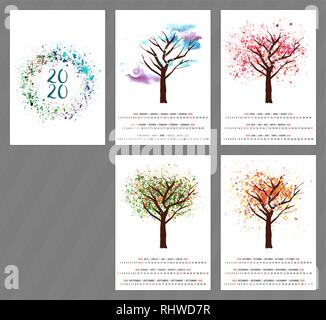 A scalable vector calendar for the year 2020 with a watercolor and vector drawing of a tree changing as the seasons change, with four pages Stock Vector