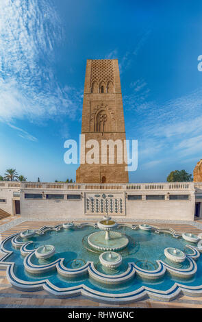 The Mausoleum of Mohammed V is a historical building located on the opposite side of the Hassan Tower. in the capital city of Rabat, Morocco. Stock Photo