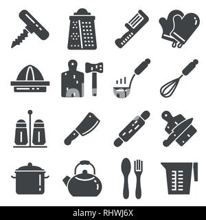 Kitchen related utensils and appliances silhouette icons vector set on white background Stock Vector