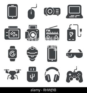 Gadget gray icons set. Joystick and memory card, device technology, camera and smartphone and more, vector illustration Stock Vector