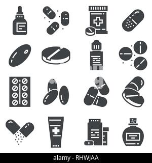 Medical Pills capsules and bottles icons vector set on white background Stock Vector