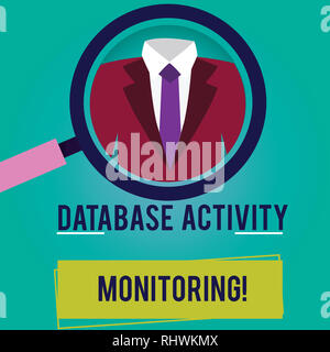 Conceptual hand writing showing Database Activity Monitoring. Business photo showcasing the observation of actions in a database Magnifying Glass Enla Stock Photo