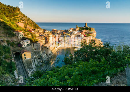 sunset over the picturesque harbour of Vernazza, Cinque Terre Stock Photo