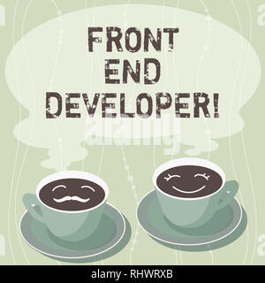 Handwriting text writing Front End Developer. Concept meaning computer programmer codes and creates visual elements Sets of Cup Saucer for His and Her Stock Photo