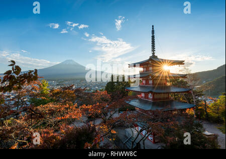 famous Chureito Pagode in Arakura Sengen Shrine with a beautiful view of Mount Fuji at sunset Stock Photo
