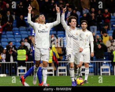Madrid, Spain. 3rd Feb, 2019. Real Madrid's players celebrate their victory after a Spanish La Liga match between Real Madrid and Alaves in Madrid, Spain, on Feb. 3, 2019. Real Madrid won 3-0. Credit: Edward F. Peters/Xinhua/Alamy Live News Stock Photo