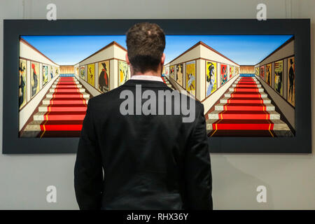 Mayfair, London, 4th Feb 2019. A gallery assistant with 'Stairs to the Stars' (2016). Alon Zakaim Fine Art in Dover Street presents 'Patrick Hughes: A New Look at Perspective', a showase of reverse perspective paintings by the reknown British Pop Artist and Surrealist Patrick Hughes, exploring perspective and visual paradox. The exhibition runs Feb 4th to Mar 29th, 2019 and is fee to view. Credit: Imageplotter News and Sports/Alamy Live News Stock Photo