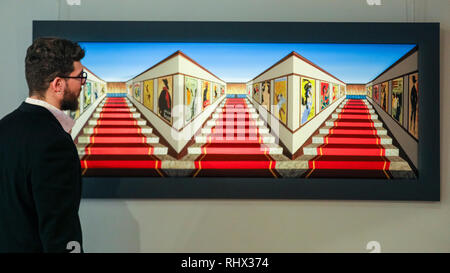 Mayfair, London, 4th Feb 2019. A gallery assistant with 'Stairs to the Stars' (2016). Alon Zakaim Fine Art in Dover Street presents 'Patrick Hughes: A New Look at Perspective', a showase of reverse perspective paintings by the reknown British Pop Artist and Surrealist Patrick Hughes, exploring perspective and visual paradox. The exhibition runs Feb 4th to Mar 29th, 2019 and is fee to view. Credit: Imageplotter News and Sports/Alamy Live News Stock Photo