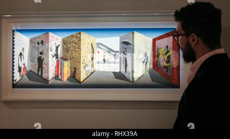 Mayfair, London, 4th Feb 2019. A gallery assistant with 'Banksy' (2018). Alon Zakaim Fine Art in Dover Street presents 'Patrick Hughes: A New Look at Perspective', a showase of reverse perspective paintings by the reknown British Pop Artist and Surrealist Patrick Hughes, exploring perspective and visual paradox. The exhibition runs Feb 4th to Mar 29th, 2019 and is fee to view. Credit: Imageplotter News and Sports/Alamy Live News Stock Photo