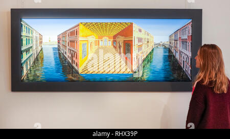 Mayfair, London, 4th Feb 2019. A gallery assistant with 'Atlantis' (2017). Alon Zakaim Fine Art in Dover Street presents 'Patrick Hughes: A New Look at Perspective', a showase of reverse perspective paintings by the reknown British Pop Artist and Surrealist Patrick Hughes, exploring perspective and visual paradox. The exhibition runs Feb 4th to Mar 29th, 2019 and is fee to view. Credit: Imageplotter News and Sports/Alamy Live News Stock Photo