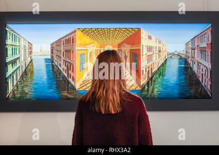 Mayfair, London, 4th Feb 2019. A gallery assistant with 'Atlantis' (2017). Alon Zakaim Fine Art in Dover Street presents 'Patrick Hughes: A New Look at Perspective', a showase of reverse perspective paintings by the reknown British Pop Artist and Surrealist Patrick Hughes, exploring perspective and visual paradox. The exhibition runs Feb 4th to Mar 29th, 2019 and is fee to view. Credit: Imageplotter News and Sports/Alamy Live News Stock Photo